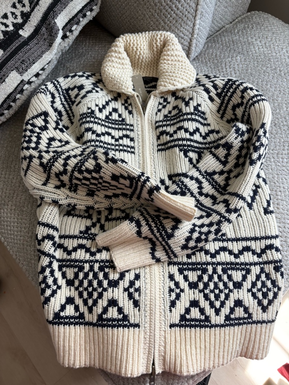 J Crew Women’s Ivory and Black Zip-Up Patterned Knit Sweater NWT
